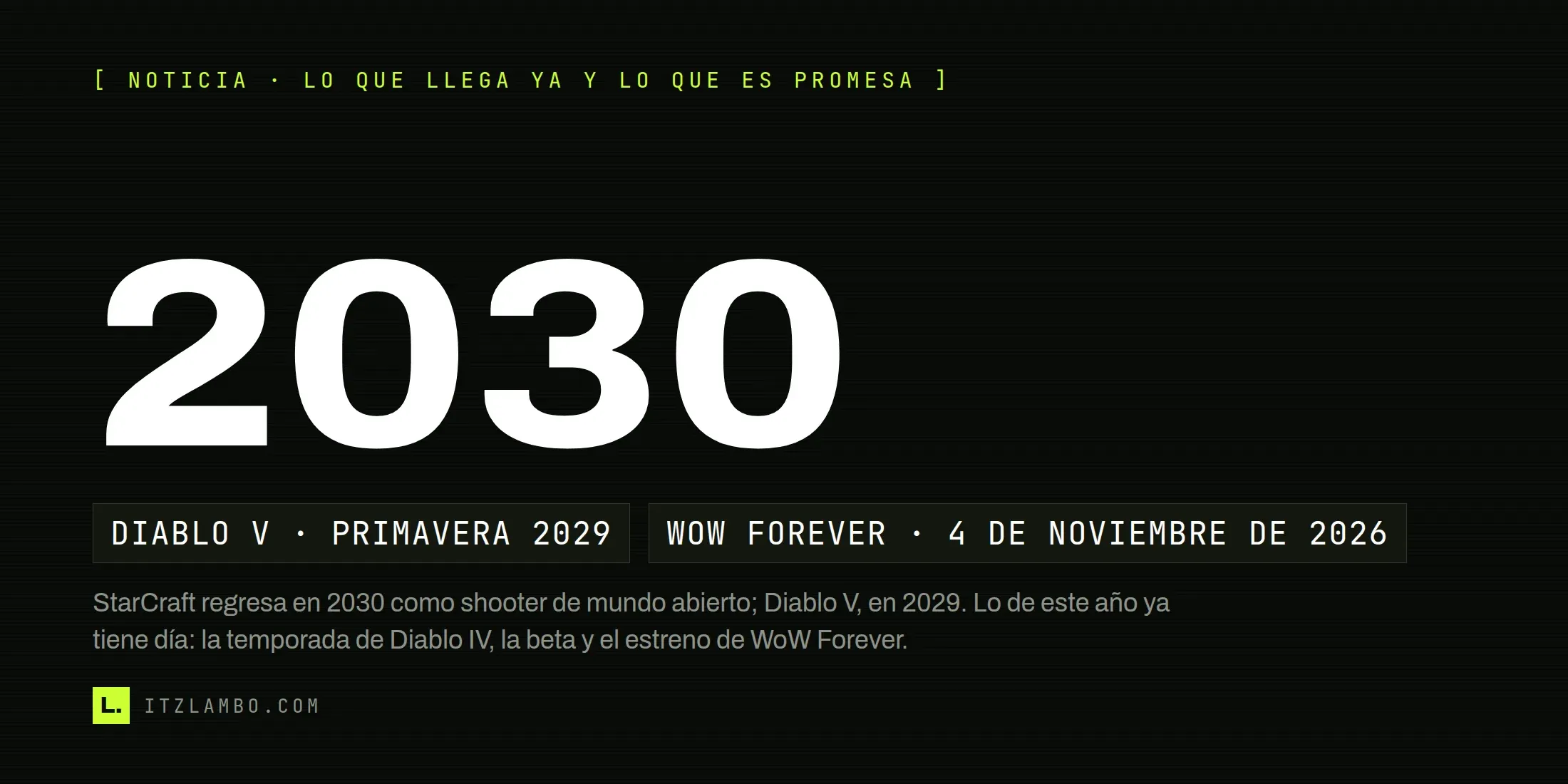 Cartel tipográfico de ItzLambo con la cifra 2030 en grande, fichas que marcan Diablo V en la primavera de 2029 y World of Warcraft: Forever el 4 de noviembre de 2026, sobre fondo oscuro de temática BlizzCon.