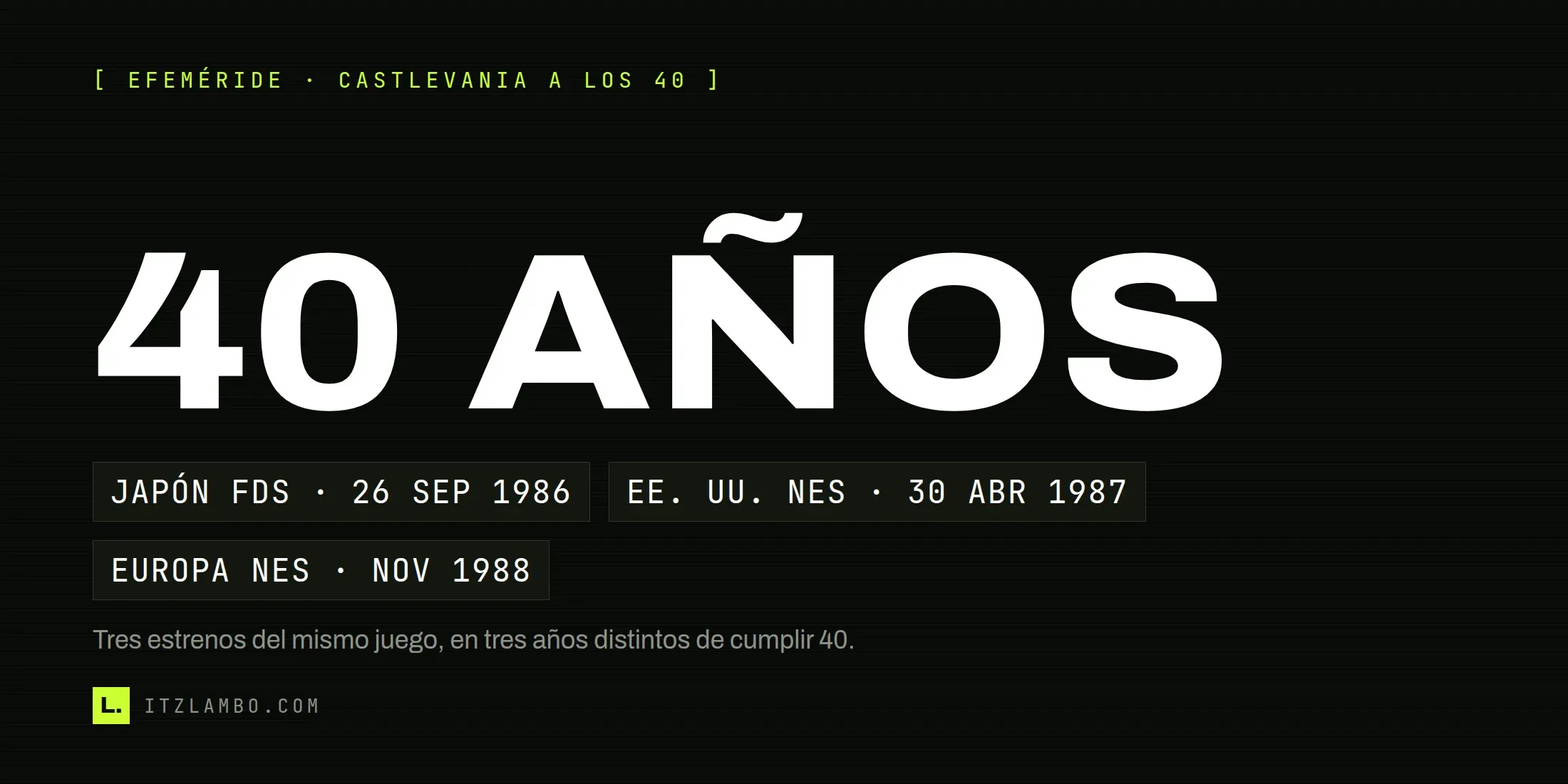 Cartel tipográfico con el rótulo «40 AÑOS» en grande y, debajo, tres fichas con las fechas de cada estreno: Japón FDS 26 sep 1986, Estados Unidos NES 30 abr 1987, Europa NES nov 1988.