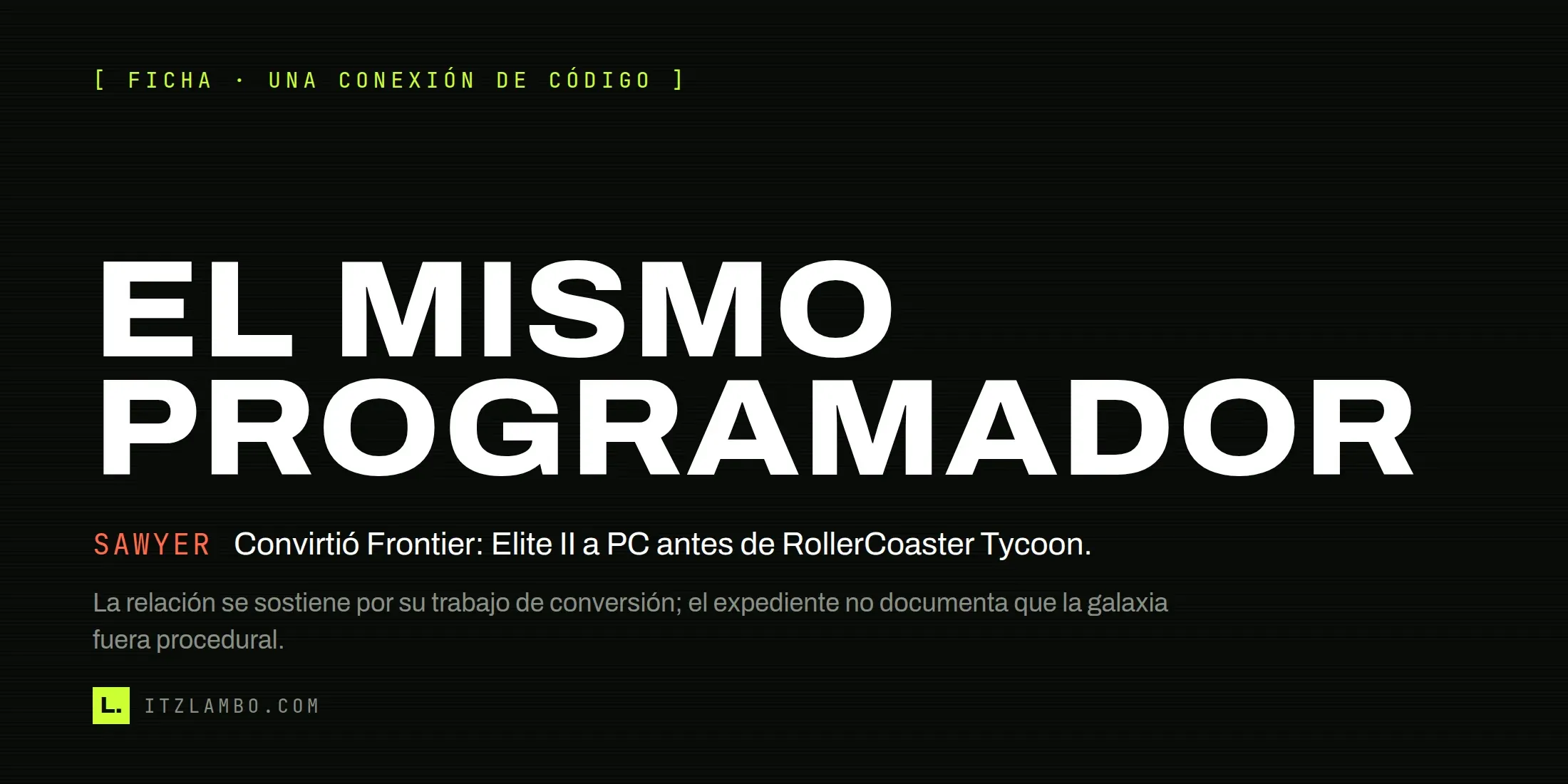Cartel tipográfico sobre Frontier: Elite II: Chris Sawyer convirtió el juego de Amiga a PC antes de RollerCoaster Tycoon.
