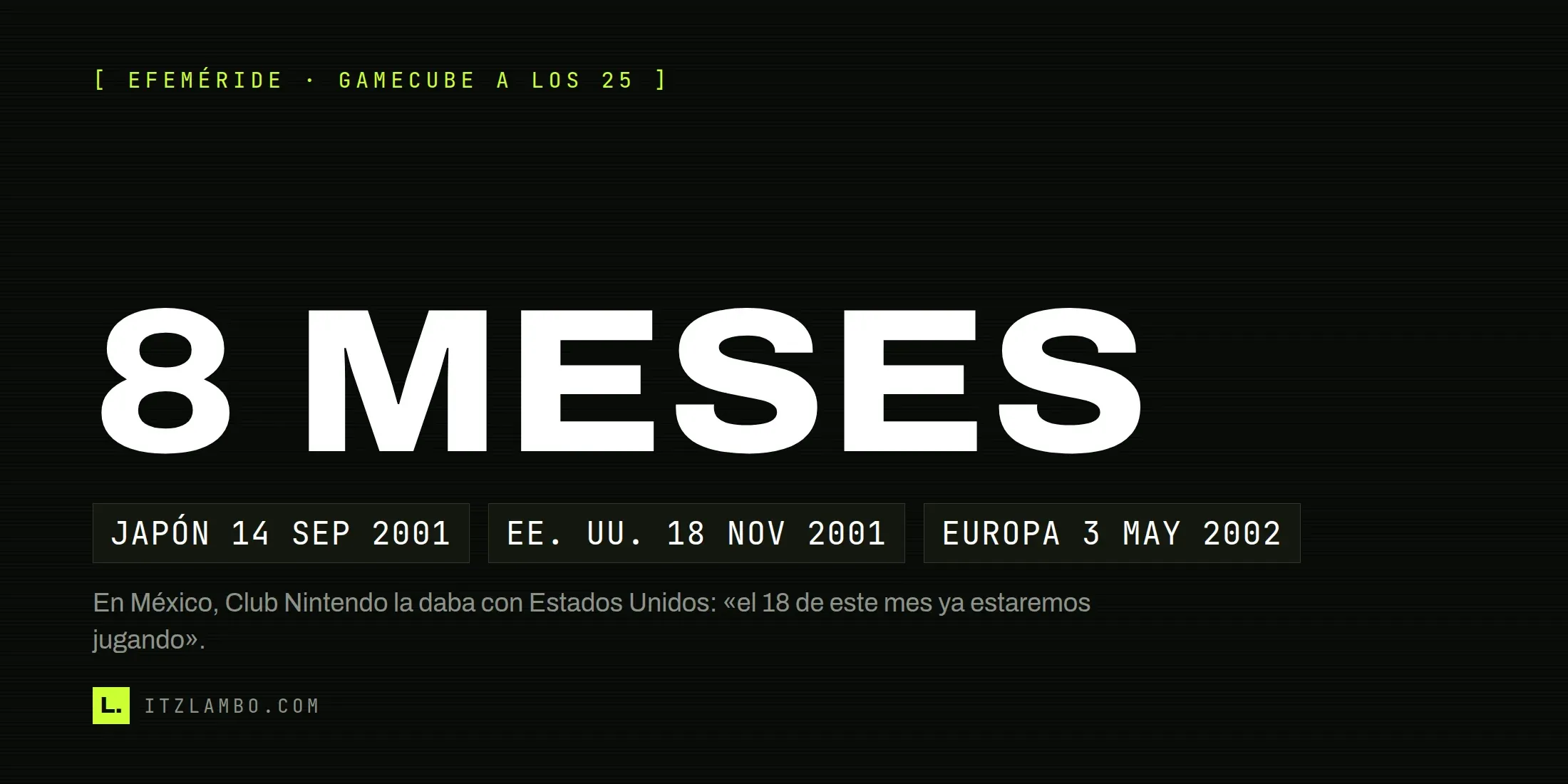 Cartel tipográfico con el rótulo «8 MESES» en grande —el hueco entre el estreno japonés y el europeo de la GameCube— y tres fichas con las fechas de lanzamiento en Japón, Estados Unidos y Europa.