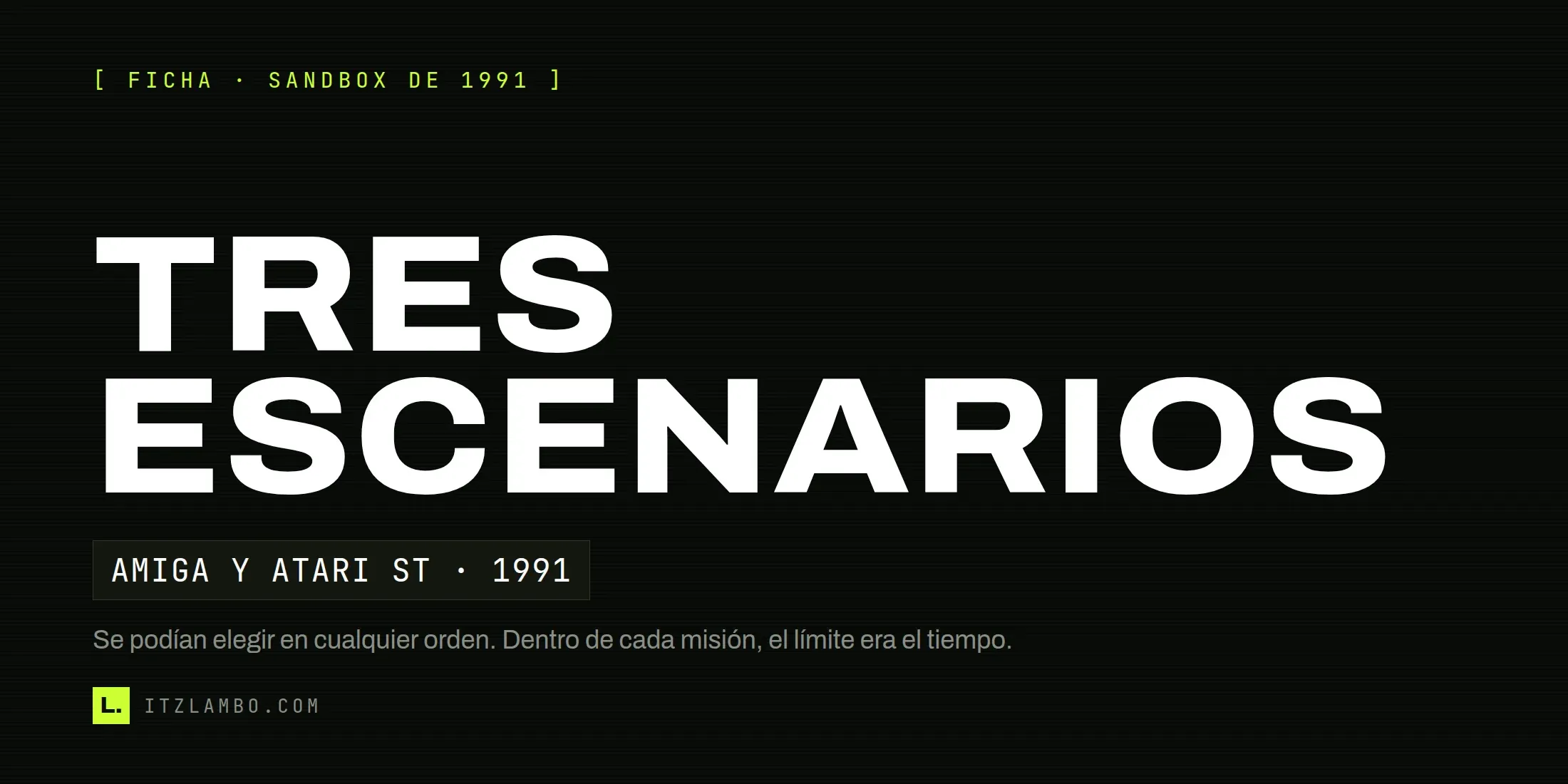 Cartel tipográfico sobre Hunter: tres escenarios, Amiga y Atari ST en 1991, y libertad de procedimiento limitada por el tiempo.