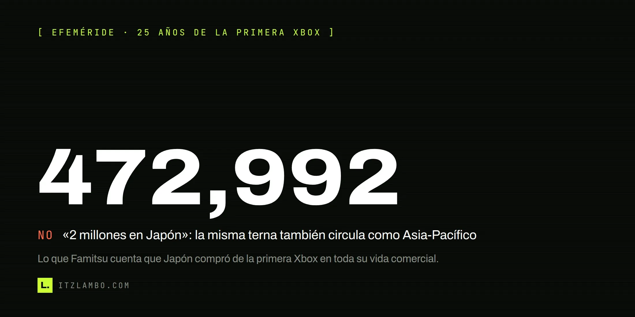 Cartel tipográfico con la cifra «472,992» en grande y, debajo, un recuadro «NO» que desmiente los «2 millones en Japón» y advierte que la misma terna de cifras también circula atribuida a Asia-Pacífico.