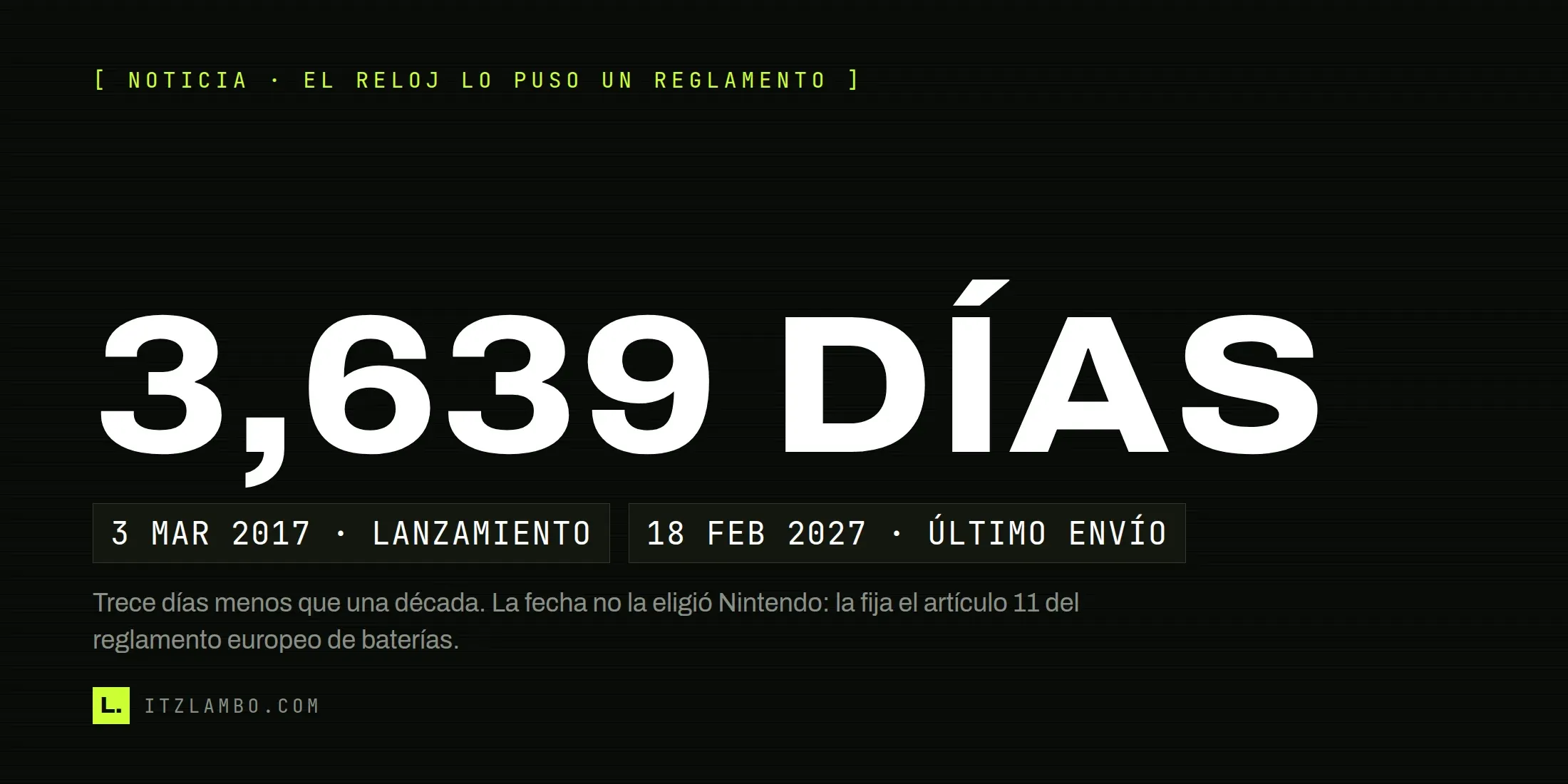 Cartel tipográfico de ItzLambo con la cifra 3,639 DÍAS en grande, dos fichas que marcan el lanzamiento del 3 de marzo de 2017 y el último envío a tiendas europeas el 18 de febrero de 2027, y una nota que aclara que la fecha la fija el artículo 11 del reglamento europeo de baterías y no Nintendo.