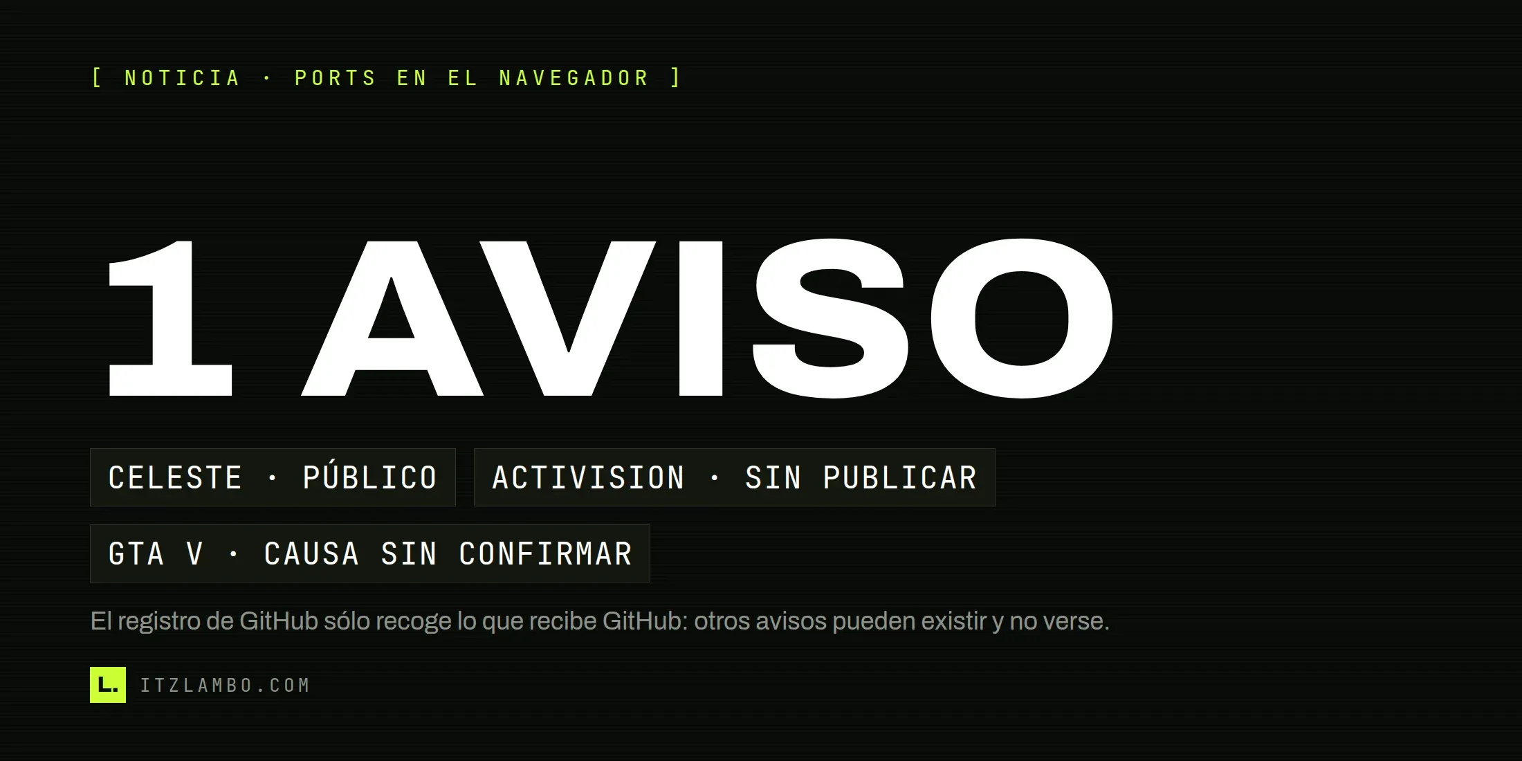 Cartel tipográfico de ItzLambo con la cifra «1 AVISO» y tres fichas: Celeste, aviso público; Activision, sin publicar; GTA V, causa sin confirmar. Una nota aclara que el registro de GitHub sólo recoge lo que recibe GitHub.