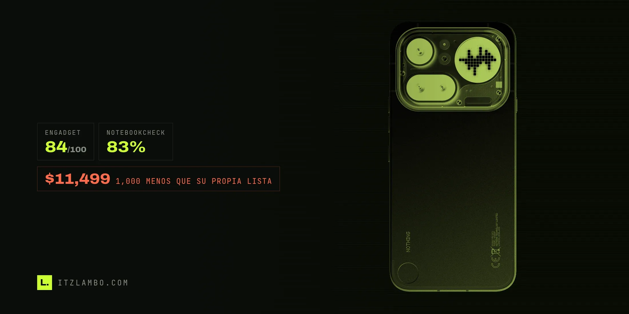 Parte trasera del Nothing Phone (4a) Pro en color plata sobre fondo blanco, con el módulo de cámaras transparente, el Glyph Matrix encendido y la leyenda grabada Nothing Technology Limited, London, England.