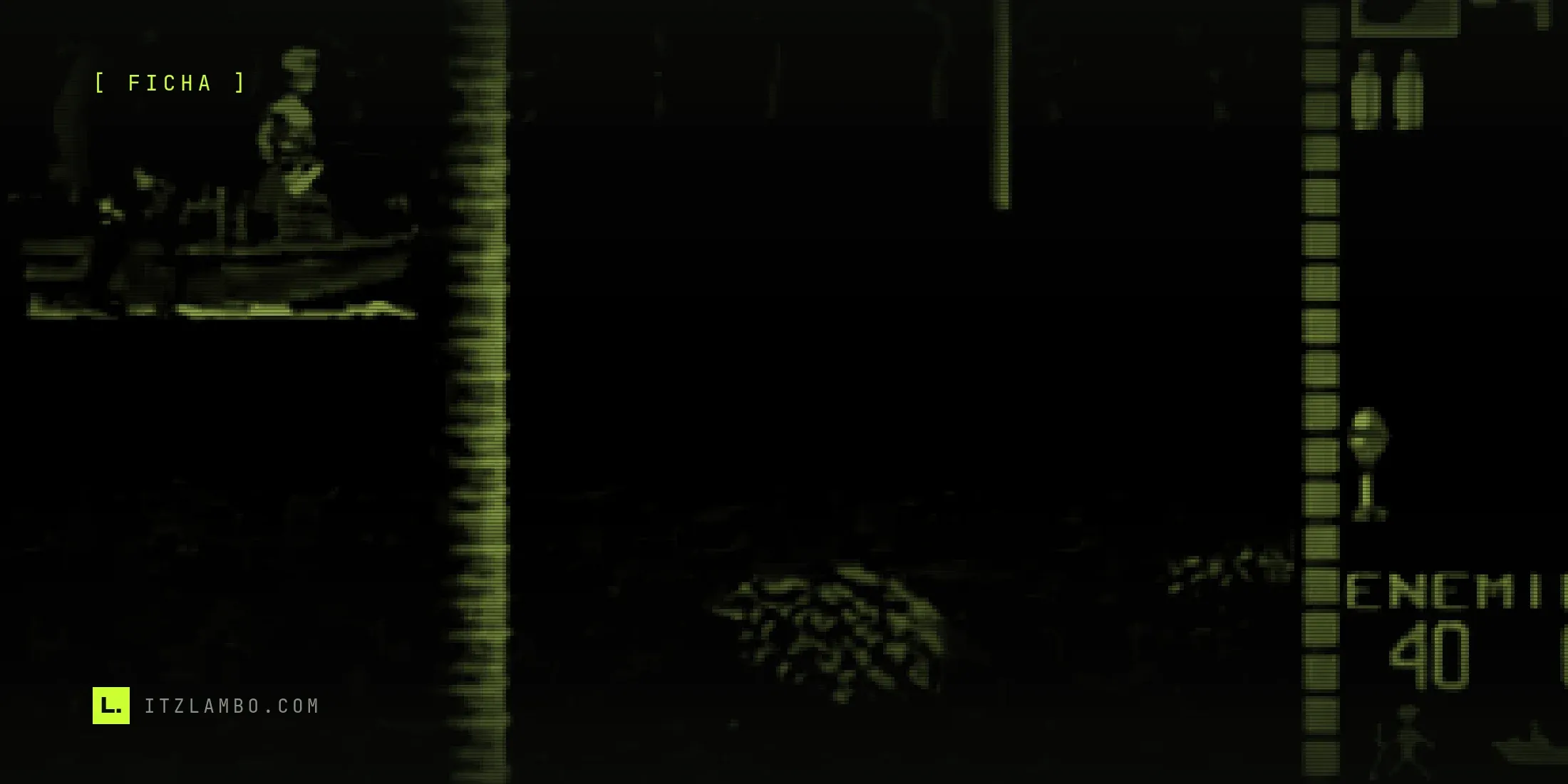 Fotograma de Operation Wolf en el arcade original: en primer plano, una lancha con dos soldados enemigos avanza por un río en la jungla; a la derecha, el HUD muestra munición, granadas y el contador de 40 enemigos restantes.
