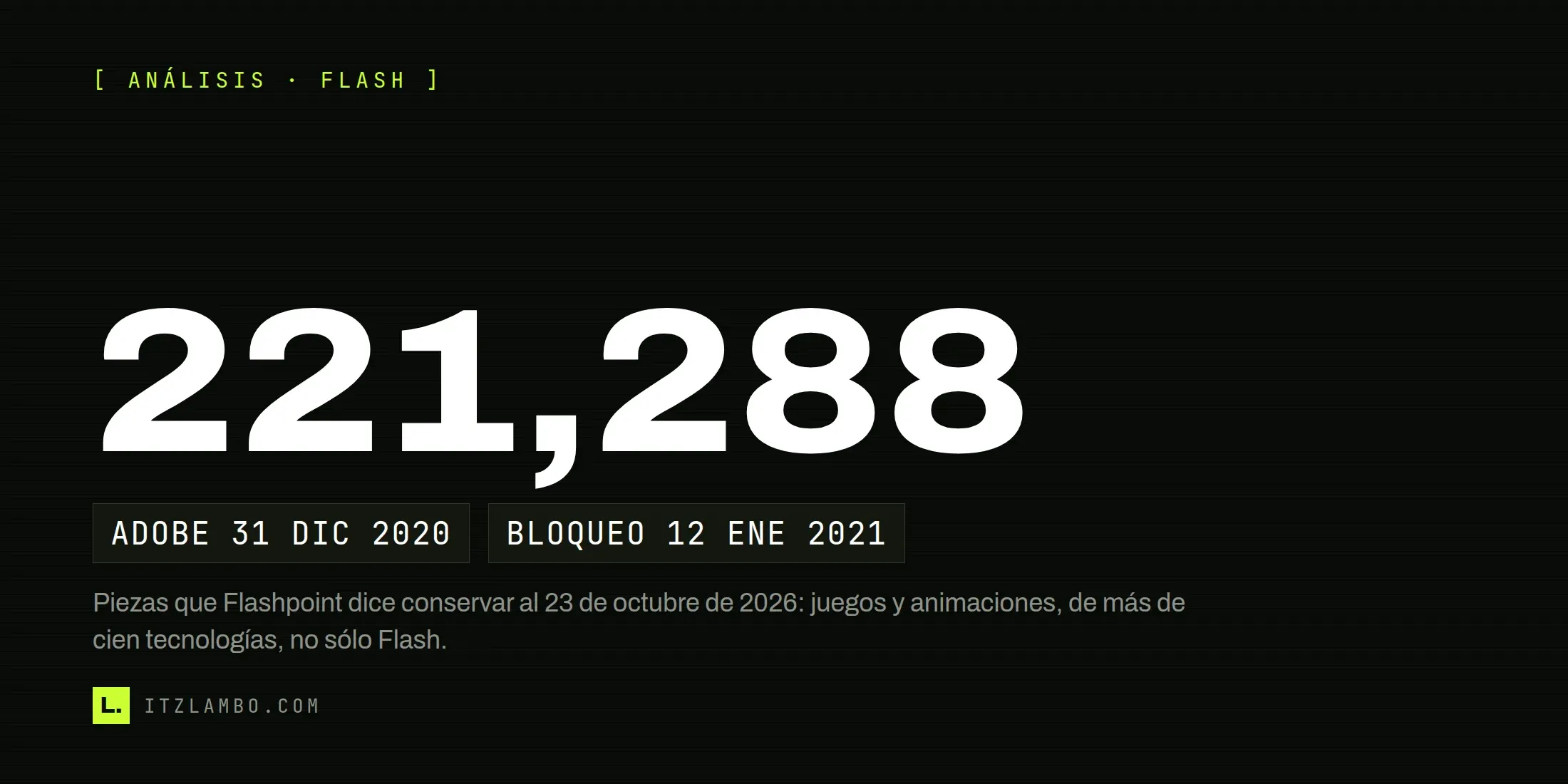 Cartel tipográfico sin fotografía: la cifra 221,288 en grande, con dos fichas debajo, Adobe 31 dic 2020 y bloqueo 12 ene 2021, y una nota sobre lo que cuenta el número de Flashpoint.