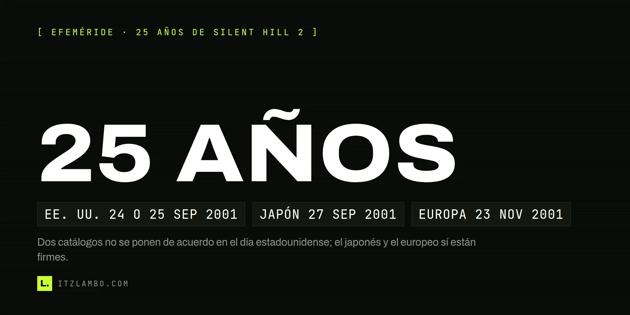 Cartel tipográfico con el rótulo «25 AÑOS» en grande y tres fichas: Estados Unidos 24 o 25 de septiembre de 2001, Japón 27 de septiembre y Europa 23 de noviembre.