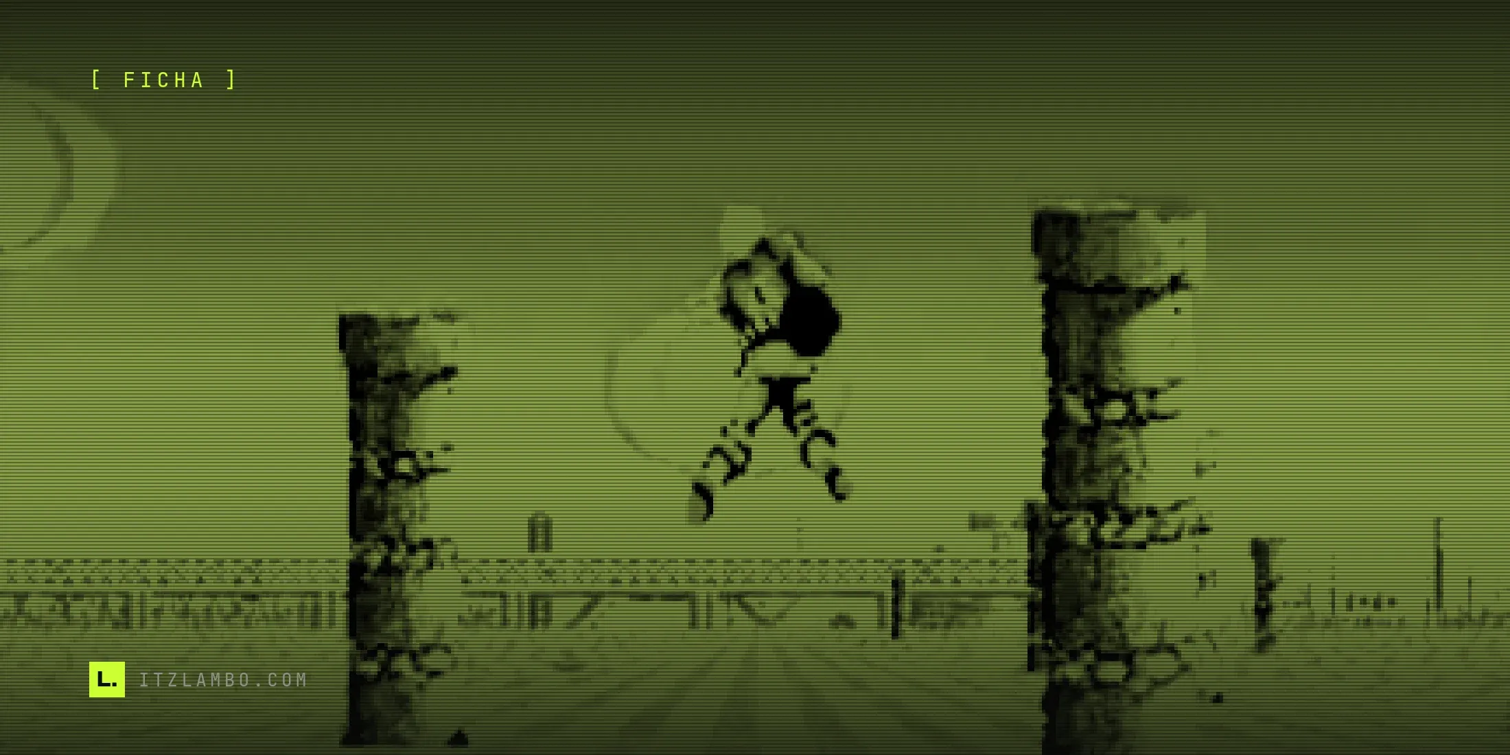 Fotograma de una partida en la placa arcade original de Space Harrier: el personaje vuela entre dos columnas de piedra escaladas —más grandes al acercarse—, con una esfera dorada en primer plano y un cielo turquesa de fondo.
