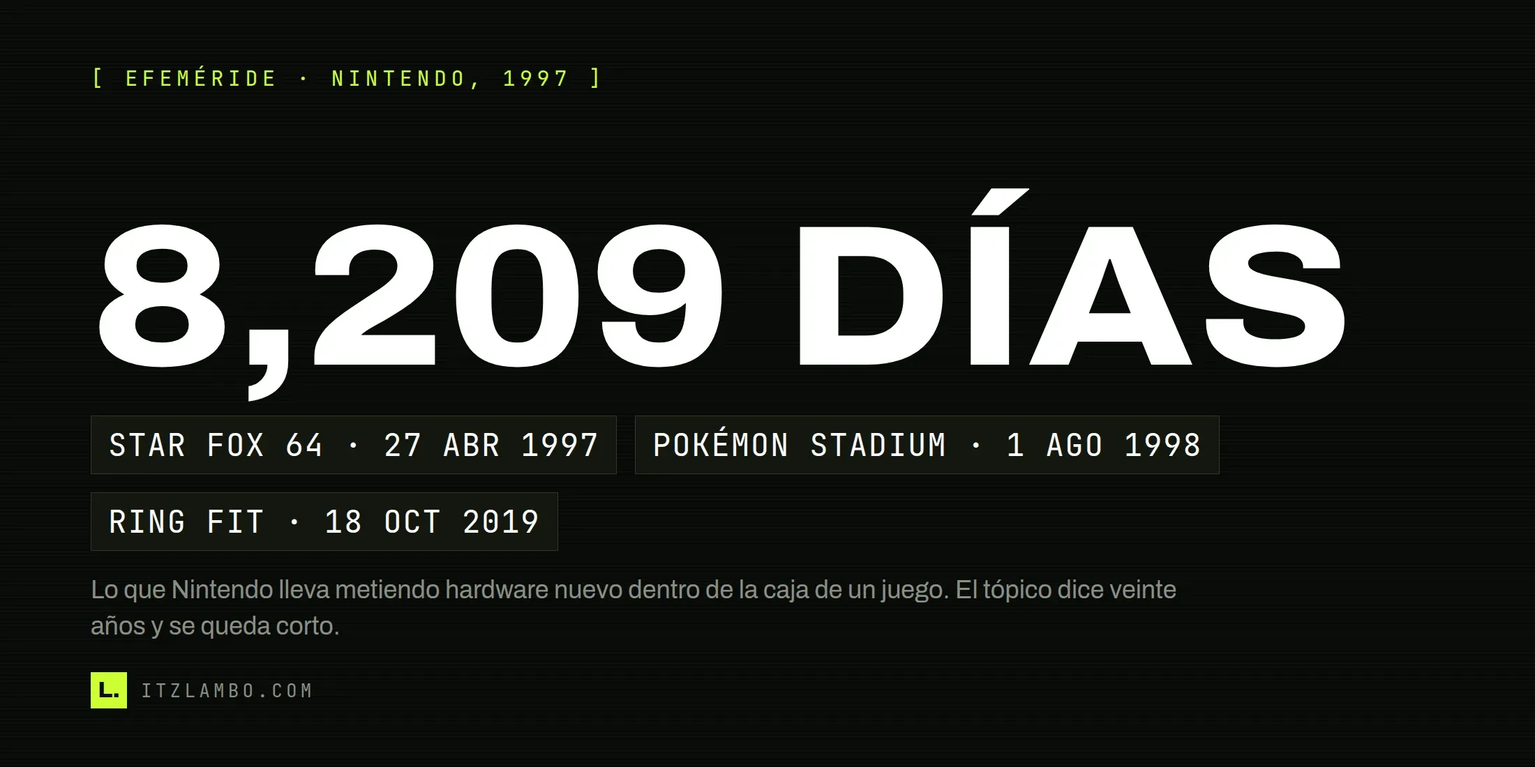 Cartel tipográfico con «8,209 DÍAS» en grande y, debajo, tres fichas con las fechas japonesas de Star Fox 64 el 27 de abril de 1997, Pokémon Stadium el 1 de agosto de 1998 y Ring Fit Adventure el 18 de octubre de 2019.