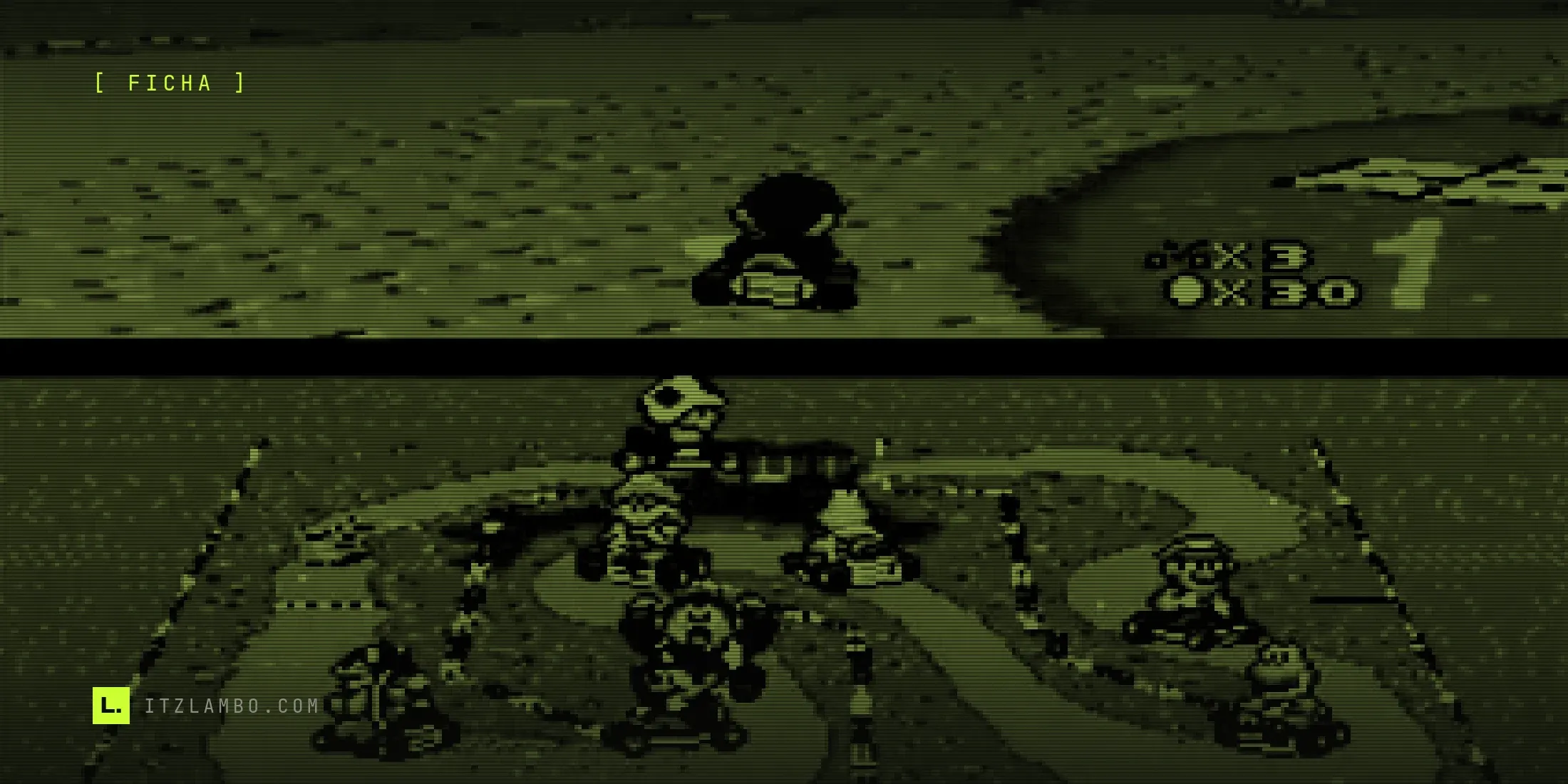 Captura partida de Super Mario Kart en modo de dos jugadores: arriba, Mario conduce en la perspectiva de Modo 7 sobre tierra café con el marcador de posición en 1; abajo, vista aérea del mismo circuito con los ocho karts de colores rodeando un lago central.