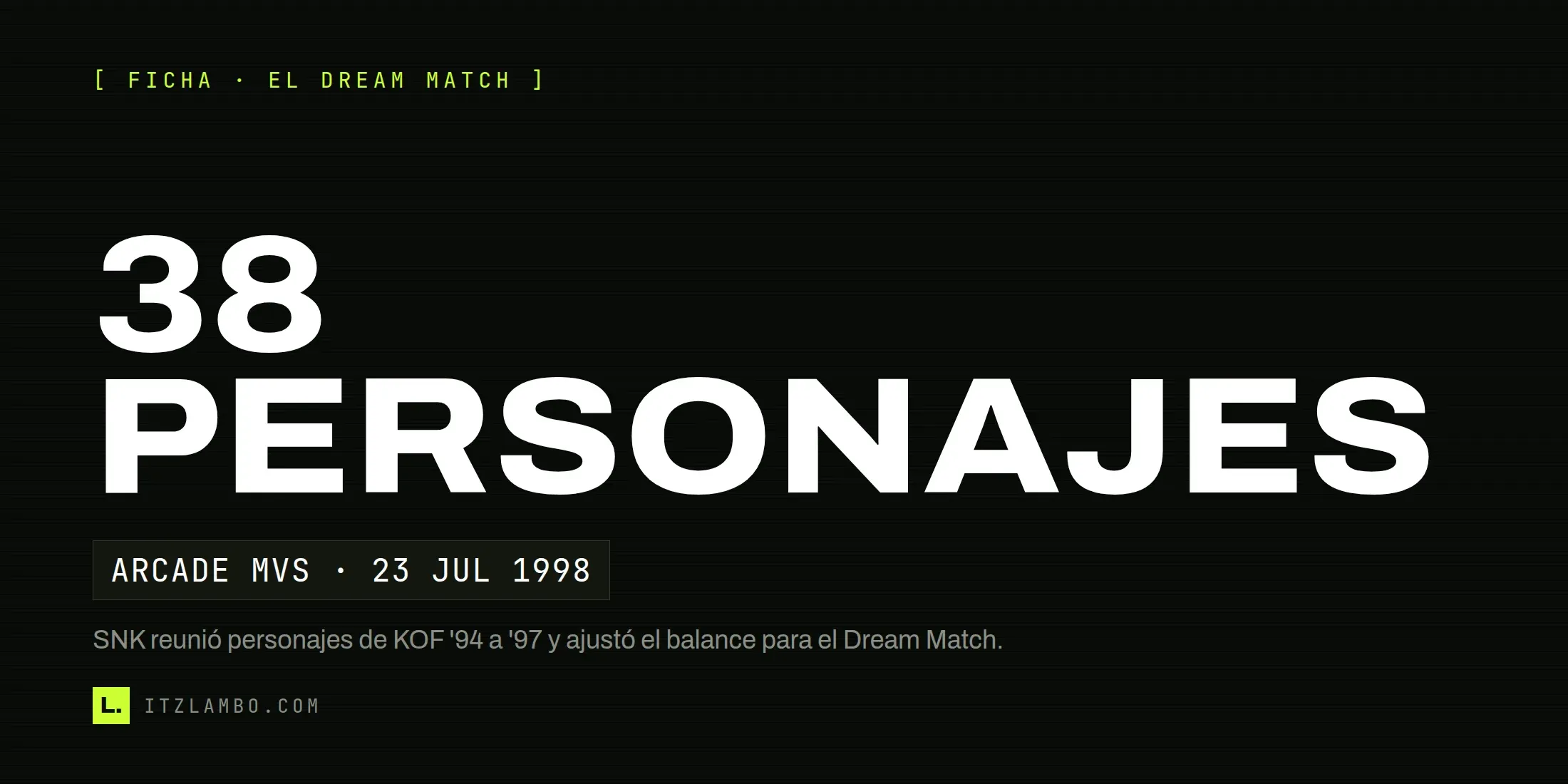 Cartel tipográfico: 38 personajes; ficha sobre The King of Fighters '98 y su Dream Match.
