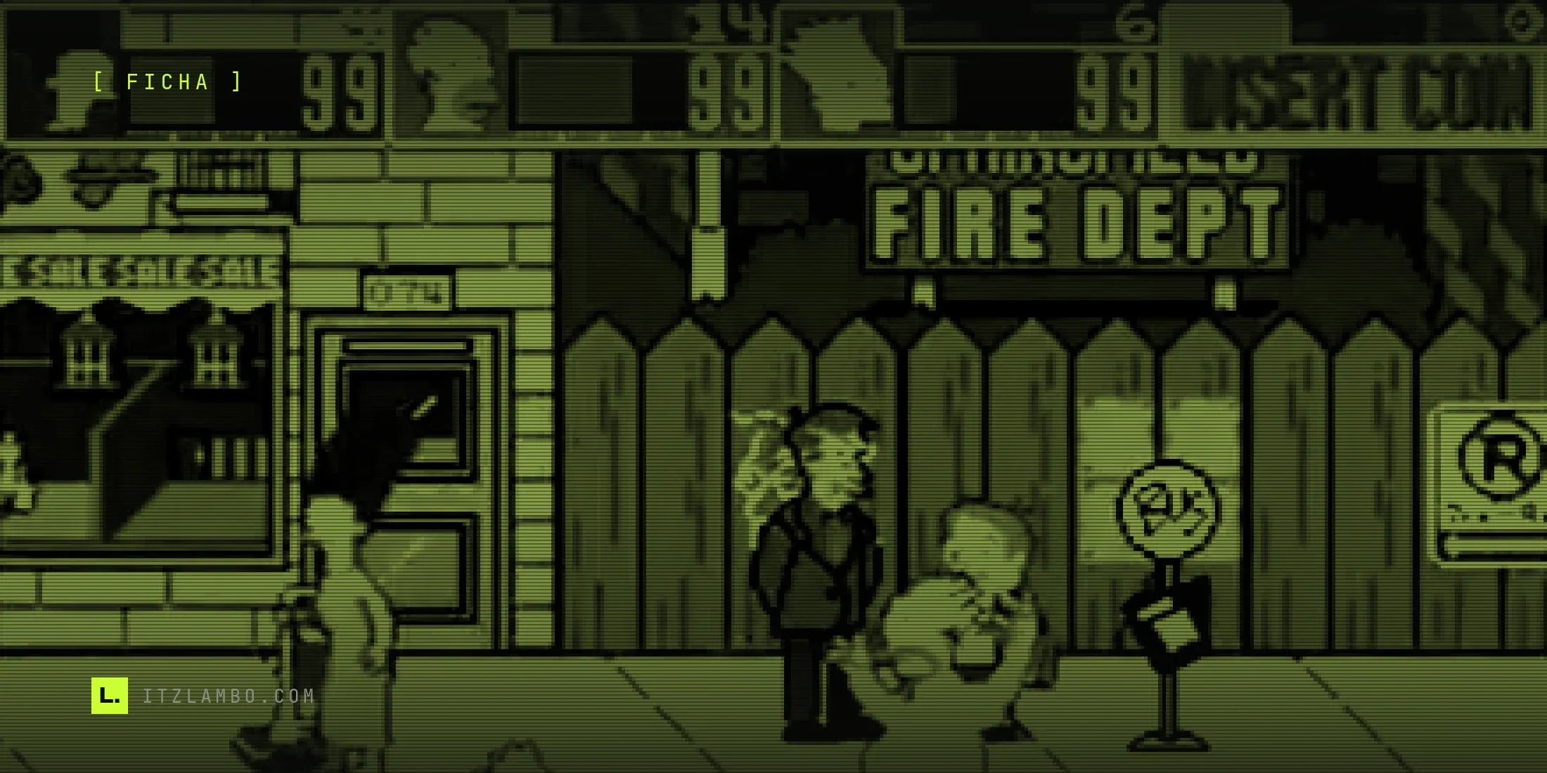 Fotograma de la recreativa de Konami en la calle principal de Springfield: bajo los marcadores de Marge, Homer y Bart con sus barras de energía y el aviso «INSERT COIN», Marge blande una aspiradora, Homer forcejea con un matón y otro enemigo esgrime un cuchillo frente al parque de bomberos.
