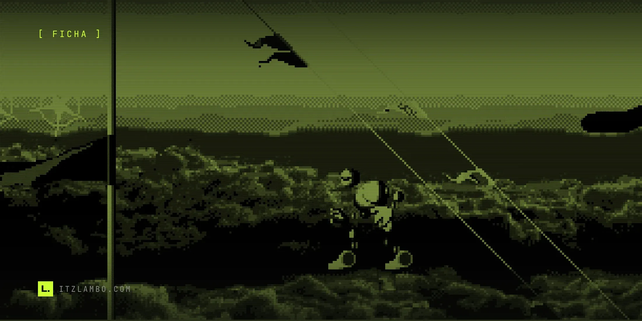 Fotograma del juego en Mega Drive: Vectorman, un robot verde articulado en piezas esféricas, de pie sobre un mar de basura tóxica turquesa, junto a una bandera morada y dos cables tensos que cruzan la escena en diagonal.